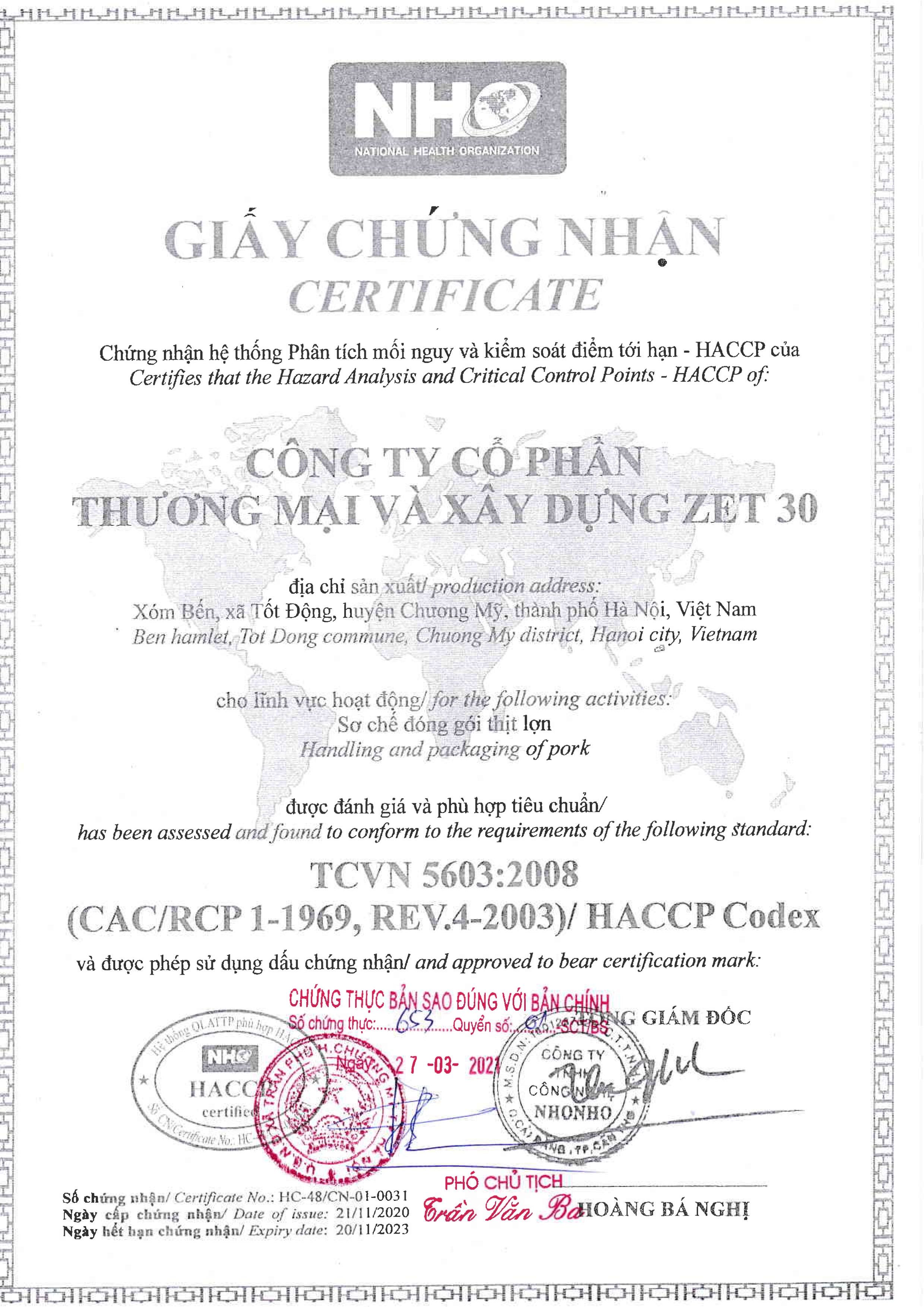 Giấy chứng nhận HACCP