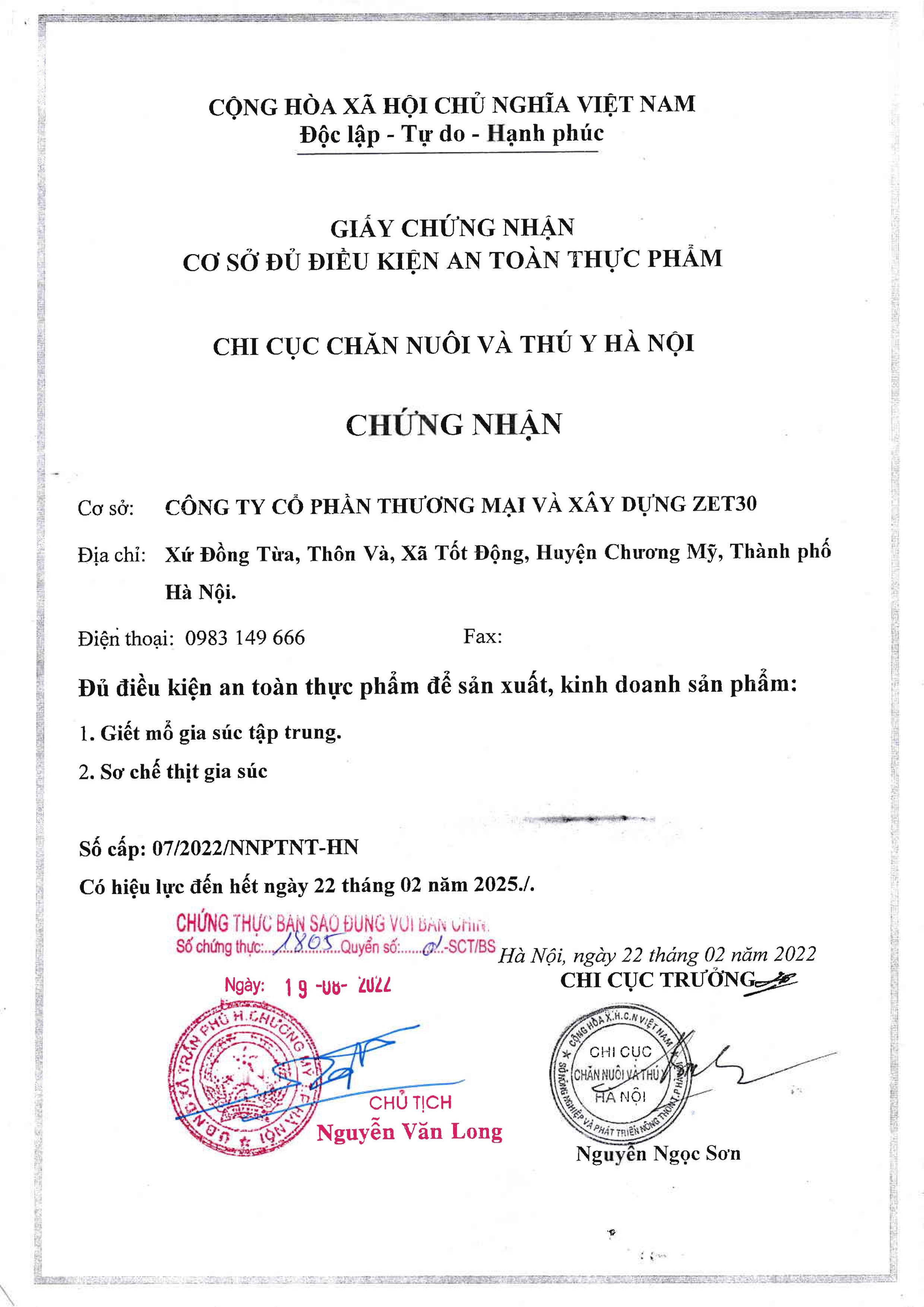 Chứng nhận An toàn thực phẩm